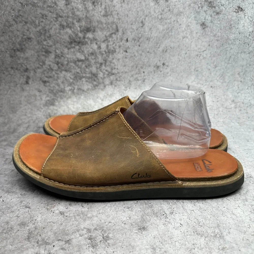 Clarks Lynton Slide Sandals Mens 12 Tan Leather Casual Comfort Summer Shoes